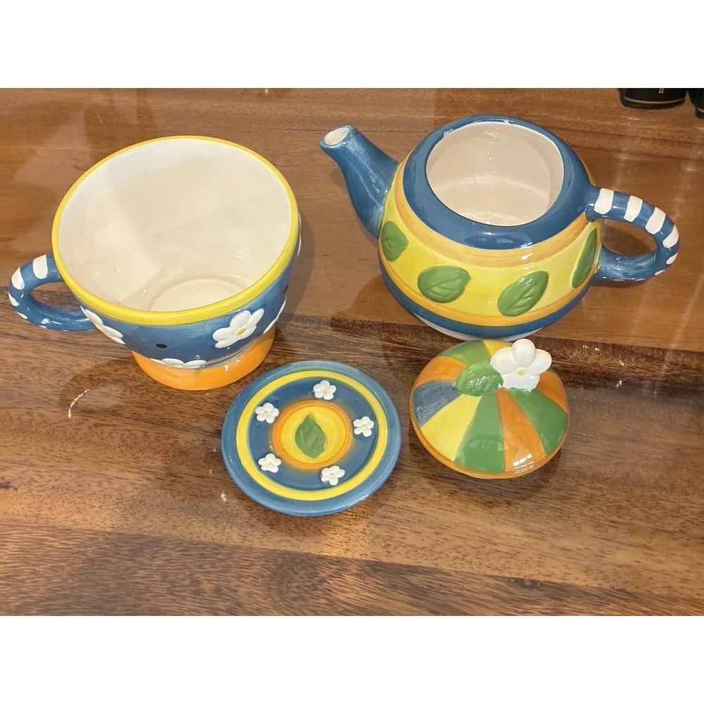 Floral Tea For One 4 Piece Set Stacking Teapot Cup‎ & Teabag Plate Ceramic Gift